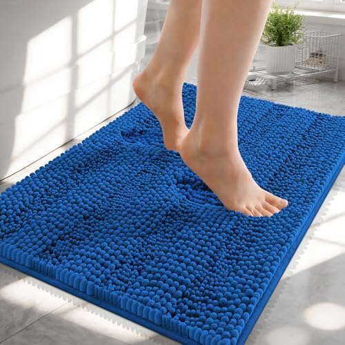 OLANLY Thick Small Bathroom Rugs 24x16, Chenille Bath Rugs, Deep Navy Blue