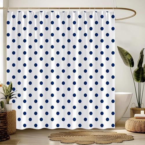 Polka Dot Shower Curtain Blue White Retro Spot Vintage Fabric Decorative Bathroom Curtains with Hooks,67" Wx70 H