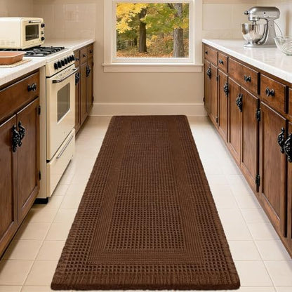 IM HOME Waffle Bath Mat Set 3 Piece, Boho Woven Modern Bath Rug Absorbent Non Slip, Soft Bathroom Mats, Machine Washable Knit Bath Rugs with Tassels for Bathroom, Bedroom, Kitchen, Shower, Tub, Brown