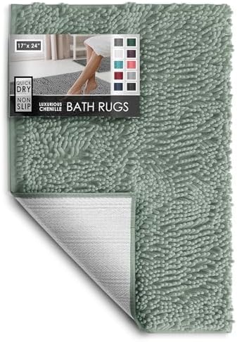 Hearth & Harbor Bathroom Rugs, Chenille Bath Mat - Machine Washable Bath Mats for Bathroom Non-Slip Backing Rubber, Quick Dry Bathroom Mat, 17 x 24 - Ice Green