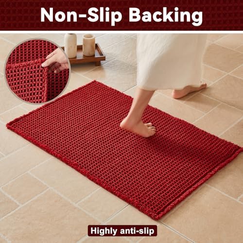 Triohero Waffle Runner Rug Bathroom, Long Boho Bath Mat, 24x60 Burgundy
