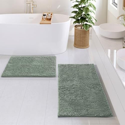 Hearth & Harbor Bathroom Rugs, Chenille Bath Mat - Machine Washable Bath Mats for Bathroom Non-Slip Backing Rubber, Quick Dry Bathroom Mat, 17 x 24 + 20 x 32 - Ice Green