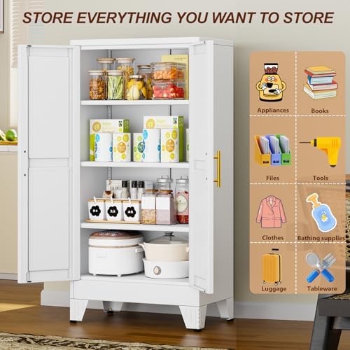 47" White Metal Storage Cabinet with 2 Doors and 3 Adjustable Shelves,Steel Garage Tool Cabinet, File Cabinet,Kitchen Pantry Cabinet for Home,Office,Garage,School,Warehouse