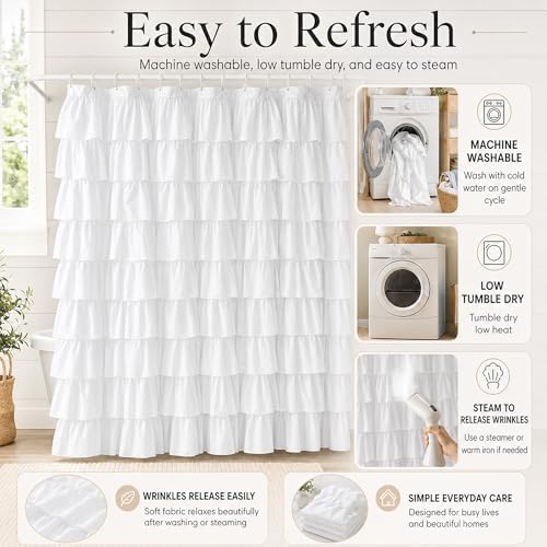 White Ruffle Shower Curtain for Bathroom,72 x 72 Inches, Farmhouse Style