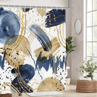 deFouliao Boho Shower Curtain, Mid Century Abstract Blue Gold Waterproof Shower Curtain for Bathroom Bathtub Home Curtain Decor, Washable with Hooks, 48Wx72L