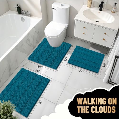 OLANLY Thick Bathroom Rugs 36x24, Chenille Striped Bath Rugs, Peacock Blue