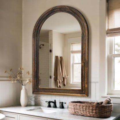 Arched Bathroom Mirror, 45"x30" Brown Wood Frame Wall Mirror
