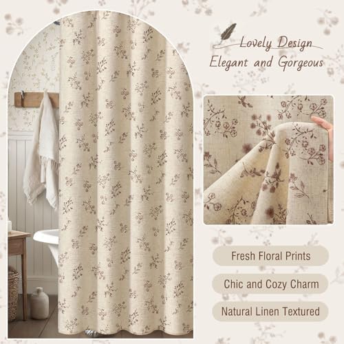 Brown Floral Farmhouse Vintage Linen Shower Curtain French Country 72Wx84H