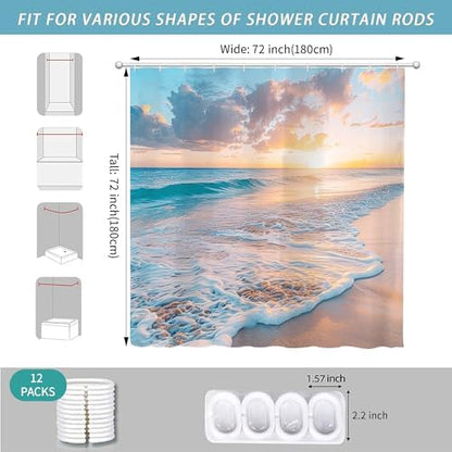 Ocean Beach Coastal Nautical Summer Sunset Shower Curtain for Bathroom 72W*72H Inch Seaside Seacoast Beachy Waves Bathtub Decor Seascape Neutral Cool Waterproof Polyester Fabric Set with 12 Hooks
