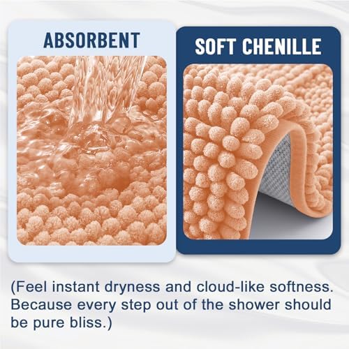 Grandaily Chenille Striped Bathroom Rugs 30x20, Extra Thick and Soft Absorbent Bath Mats, Rubber Backing, Plush Shaggy Shower Carpet, Machine Wash Dry, Bath Rug for Bathroom, Peach