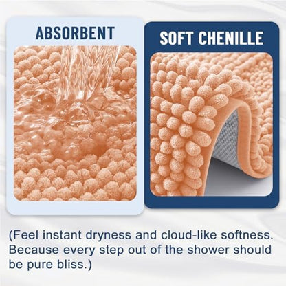 Grandaily Chenille Striped Bathroom Rugs 30x20, Extra Thick and Soft Absorbent Bath Mats, Rubber Backing, Plush Shaggy Shower Carpet, Machine Wash Dry, Bath Rug for Bathroom, Peach