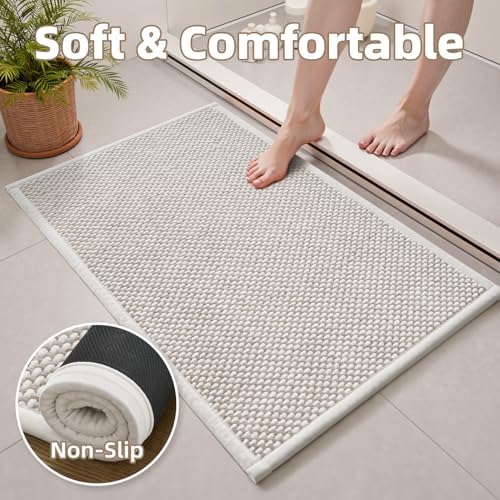 PADOOR-Bath Mat-Super Absorbent Chenille Bathroom Mats-Rubber Backed Bath Mats for Bathroom Non Slip, Easy Clean Bathroom Rugs Front of Bathtub,Shower Room,Sink-20×32, Beige&Cream