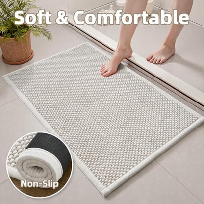 PADOOR-Bath Mat-Super Absorbent Chenille Bathroom Mats-Rubber Backed Bath Mats for Bathroom Non Slip, Easy Clean Bathroom Rugs Front of Bathtub,Shower Room,Sink-17×35, Beige&Cream