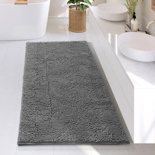 Hearth & Harbor Bathroom Rugs, Chenille Bath Mat - Machine Washable Bath Mats for Bathroom Non-Slip Backing Rubber, Quick Dry Bathroom Mat, 26 x 44 - Frost Grey