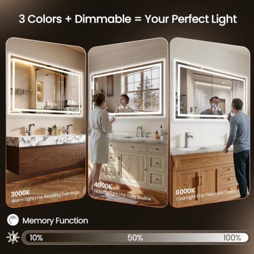 60"x36" LED Bathroom Mirror with Anti-Fog, Backlit & Front Lights, Memory