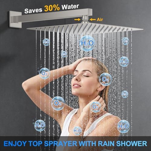 Woindo Shower Faucet Set, 12" Wall Mount Rainfall Shower System with 2 Rain Shower Head and Multi-function Handheld Head Push Button Diverter Shower Faucet Trim Kit