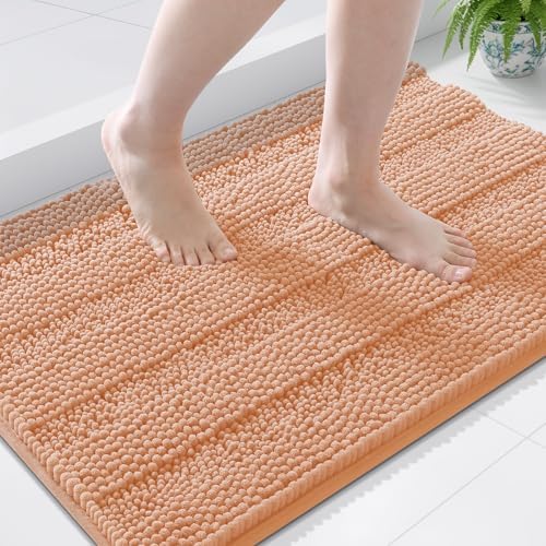 Grandaily Chenille Striped Bathroom Rugs 44x24, Extra Thick and Soft Absorbent Bath Mats, Rubber Backing, Plush Shaggy Shower Carpet, Machine Wash Dry, Bath Rug for Bathroom, Peach