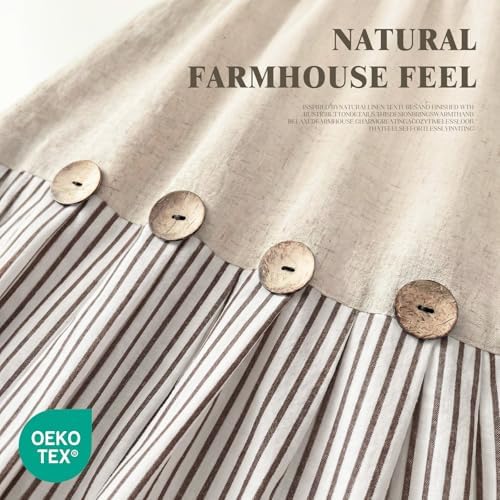 Farmhouse Shower Curtain Linen Beige Button Brown Stripe 72"W x 72"L