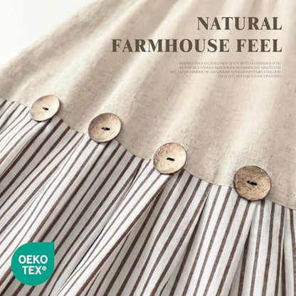 Farmhouse Shower Curtain Linen Beige Button Brown Stripe 48"W x 72"L