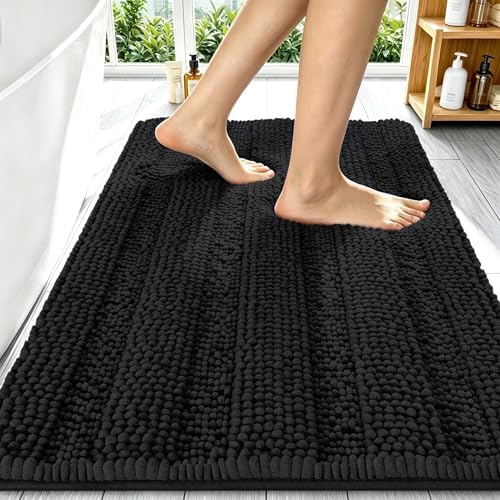 Smiry Thick Chenille Bathroom Runner Rugs 59x20, Absorbent Bath Mat, Black