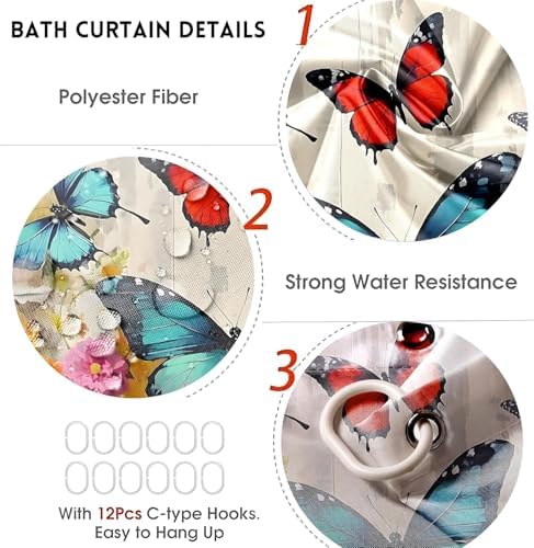 Chrainy 4pcs Flower Butterflies Shower Cutain Set Bathroom Decor with Rugs