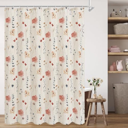 Gibelle Coral Linen Watercolor Floral Fabric Shower Curtain, 72x72