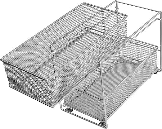 YBM HOME Pack of 3 Silver 2 Tier Mesh Sliding Spice and Sauces Basket Cabinet Organizer Drawer 2304-3