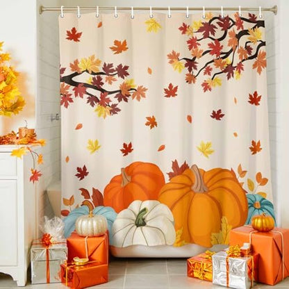 Shower Curtain Bathroom Set Fall Thanksgiving Pumpkin Maple Leaf Waterproof Shower Curtains with Grommets Hooks Orange Gradient Privacy Bath Curtain for Bathtub Decor 60x72in