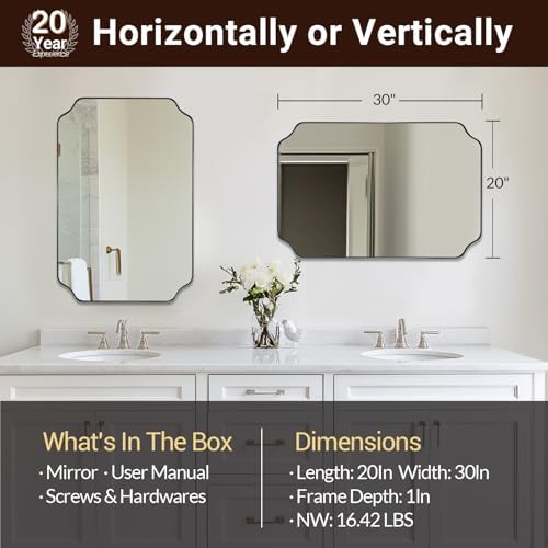 ANDY STAR Chrome Bathroom Mirror, 20x30 Inch Polished Nickel Vanity Mirror, Scalloped Mirror in Rustproof Stainless Steel Thin Frame, Unique Rounded Notched Corners, Ideal for Narrow Bathroom Remodel