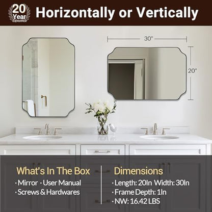 ANDY STAR Chrome Bathroom Mirror, 20x30 Inch Polished Nickel Vanity Mirror, Scalloped Mirror in Rustproof Stainless Steel Thin Frame, Unique Rounded Notched Corners, Ideal for Narrow Bathroom Remodel