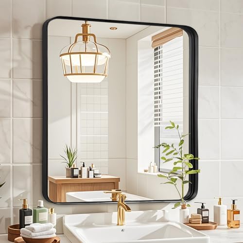 Black Bathroom Vanity Mirror Over Sink 28x28, Small Wall Square Mirror