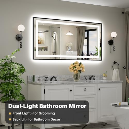 60x30 Inch LED Bathroom Mirror with Black Frame, Backlit & Front Lit