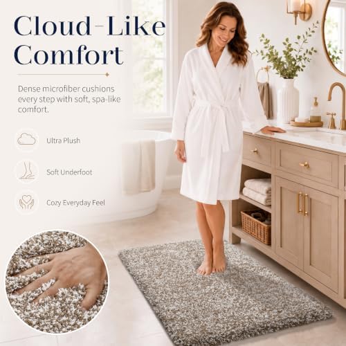 Yimobra Fluffy Plush Bath Rug, Shaggy Soft Comfortable Non Slip, Water Absorbent Microfiber Bath Mat, Dry Quick, Machine Washable Thick Bathroom Floor Rugs for Shower, 44" X 24", Light Brown and White