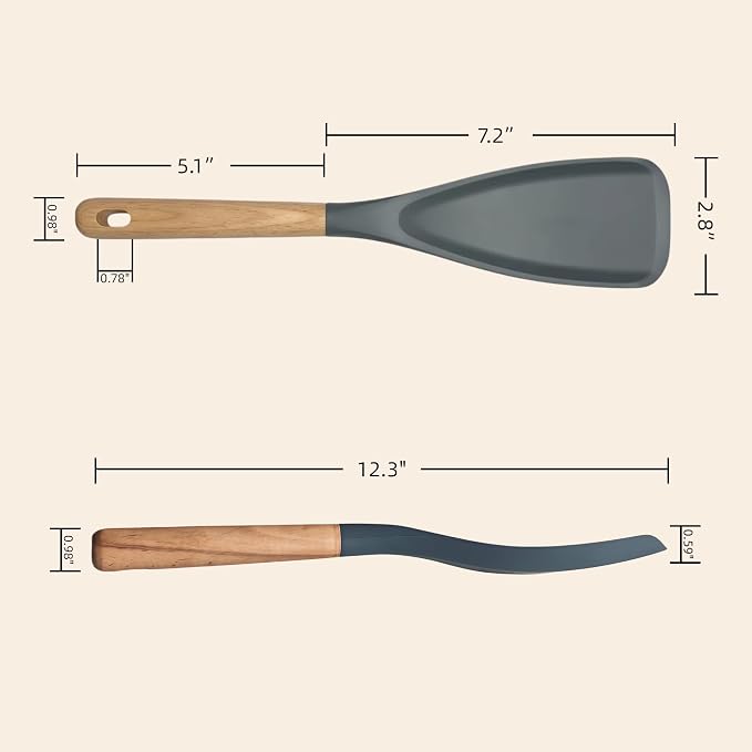 Silicone Cooking Spoon & Spoonula Spatula for Nonstick Cookware, Heat Resistant 600°F Kitchen Utensil, BPA-Free Food-Grade, Solid Wood Handle, Serving Scraping Scooping Stirring （Grey）