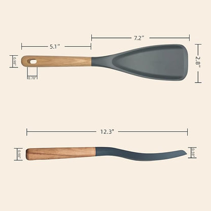 Silicone Cooking Spoon & Spoonula Spatula for Nonstick Cookware, Heat Resistant 600°F Kitchen Utensil, BPA-Free Food-Grade, Solid Wood Handle, Serving Scraping Scooping Stirring （Grey）