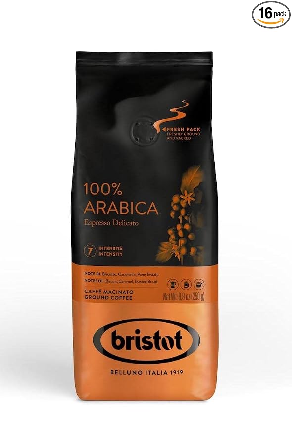Bristot 100% Arabica Ground Coffee | Italian Espresso Ground Coffee | Medium Roast | 16 Bags