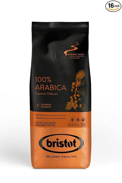 Bristot 100% Arabica Ground Coffee | Italian Espresso Ground Coffee | Medium Roast | 16 Bags