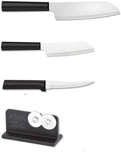 Rada Cutlery 3-Piece Cook's, Cook's Utility, and Super Parer Knives with Quick Edge Sharpener, Stainless Steel Blades, Black Handle