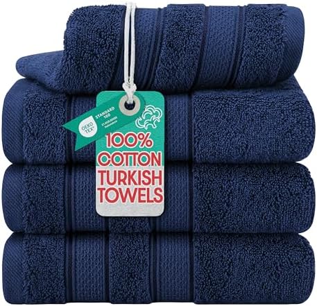 American Soft Linen Salem 100% Cotton Turkish 4 Piece Hand Towels for Bathroom, 600 GSM Soft Absorbent Quickdry Hand Face Towel Set, Navy Blue
