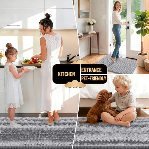 OLANLY Thick Chenille Bathroom Runner Rugs 47x24, Absorbent Bath Mat, Grey