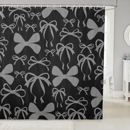 jejeloiu Cute Bowknot Shower Curtain for Bathroom Decor 72"x84" Black Gray Girls Bow Bath Curtain Kawaii Bathroom Accessories Waterproof Polyester Fabric for Stalls Bathtubs Princess Decor