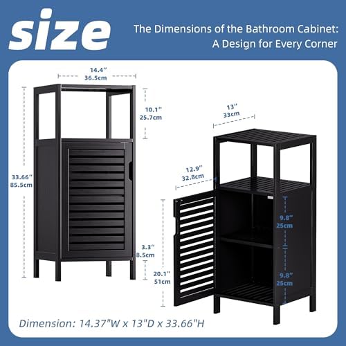 HITNET Bamboo Floor Cabinet, Small Bathroom Cabinet Floor Standing, 4 Tier Narrow Side Storage Cabinet, Space Saving Kitchen Cupboard with Single Door, Black