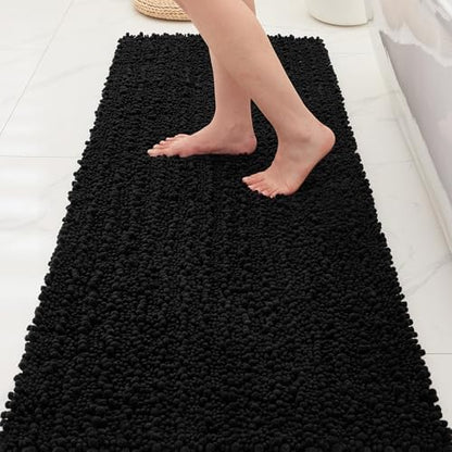 Bathroom Rugs Non Slip Washable 60x24, Extra Thick Soft Chenille Absorbent Bath Mat, High Density Barrier Non Slip Backing, Quick Dry Plush Shaggy Floor Carpet for Tub&Shower, Black
