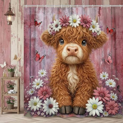Cute Cow Shower Curtain, Farmhouse Rustic Pink Floral Daisy Highland Cow Shower Curtains for Bathroom, Calf Country Farm Animal Garden Plant Fabric Bathroom Decor with Hooks, 47x64 inch