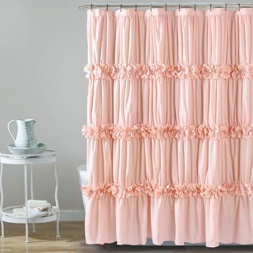 Homechoice Decor Peach Ruffle Shower Curtain, Handcrafted Bow Tie