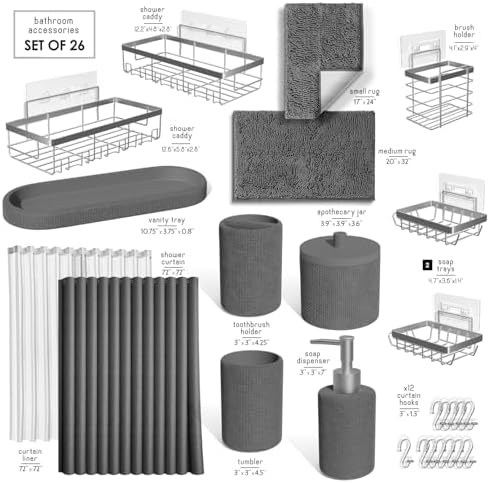 Clara Clark Grey Bathroom Set - Bathroom Sets with Shower Curtain and Rugs, 26PC Bathroom Accessory Set, Shower Curtain Set with Adhesive Corner Shower Caddy Hanging & Soap Dispenser