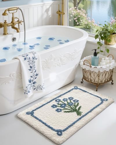 DEXI Floral Bathroom Rugs 43x24, Vintage Blue Bouquet Bath Mat Non Slip