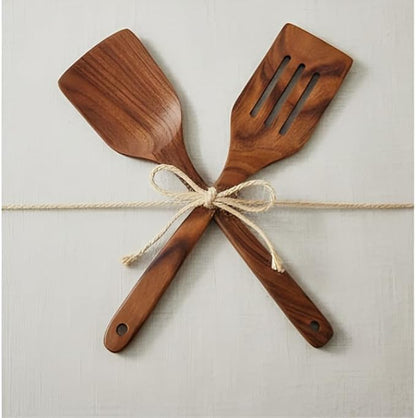 Natural Wooden Spoon Set for Cooking - 2 Piece Mango Wood Utensils Set Includes Spatula & Serving Spoons - Nonstick Safe Kitchen Tools