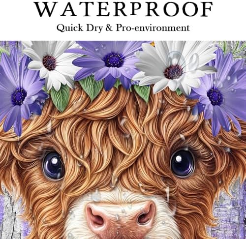Cute Highland Cow Shower Curtain for Bathroom, Farmhouse Rustic Wooden Cattle Bathroom Decor Set, Funny Daisy Floral Flowers and Butterfly Waterproof Fabric Bath Curtains with 12 Hooks 47X64in