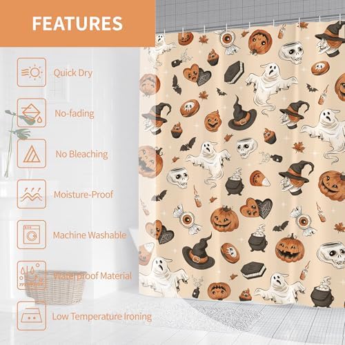 Halloween Cute Skull Ghost Shower Curtain for Bathroom 72W*72H Inch Gothic Witch Scary Magic Horror Pumpkin Bathtub Alchemy Witchcraft Decor Waterproof Polyester Fabric Set with 12 Hooks